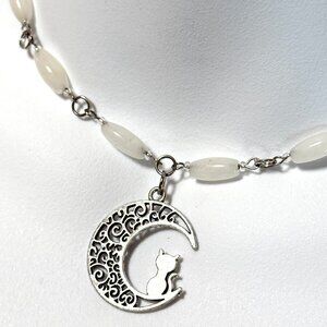 Genuine Milky Quartz Short Necklace, Natural Gemstone w/ Cat on the Moon Pendant